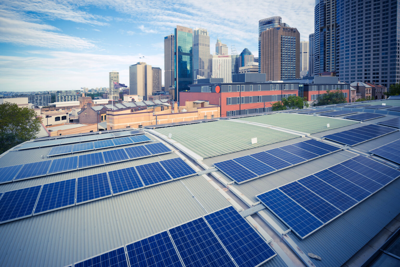 Sydney, Australia, city skyline and solar panels